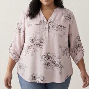 Torrid Harper Pink Floral Georgette 3/4 Sleeve Pullover Blouse Size 1X Office